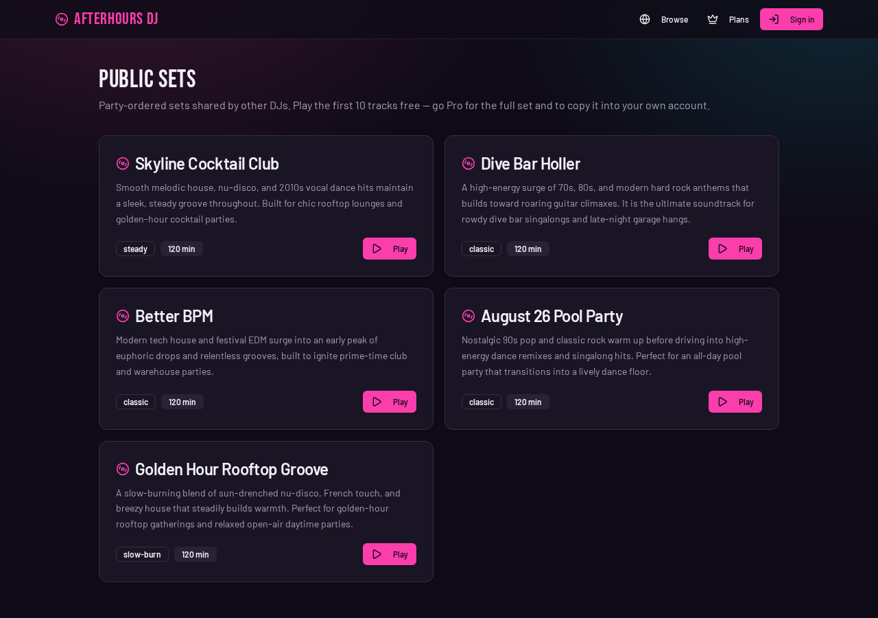 The public sets feed showing shared DJ sets with vibe tags, descriptions and play buttons